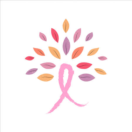 Breast cancer awareness month concept illustration for support. Tree made of pink campaign ribbon on isolated background. EPS10 vector.のイラスト素材
