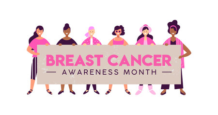 Breast Cancer Awareness month illustration of happy women friends together for love and support....