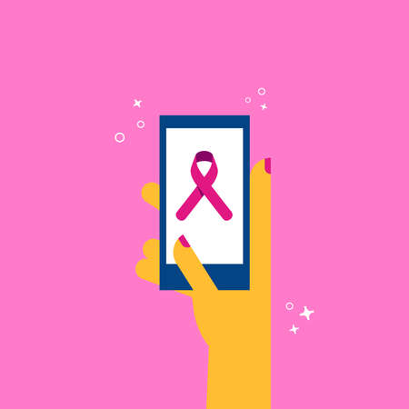 Breast Cancer Awareness illustration of woman hand holding mobile phone with pink ribbon for health and support concept, social media charity or online help. EPS10 vector.のイラスト素材