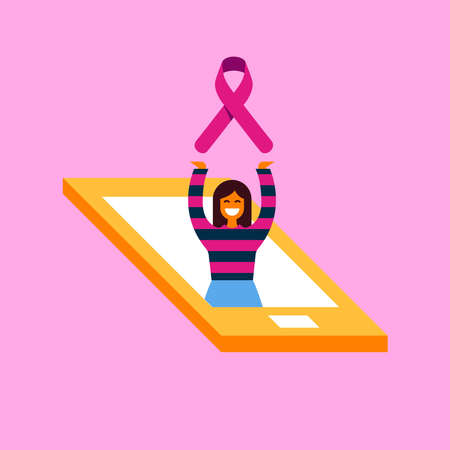 Breast Cancer Awareness illustration of woman with pink ribbon inside mobile phone for health and support concept, social media charity or online help. EPS10 vector.のイラスト素材