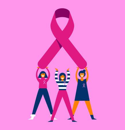 Breast Cancer Awareness month illustration of happy women together with pink ribbon for support. Cartoon girl characters at charity work or benefit event. EPS10 vector.のイラスト素材