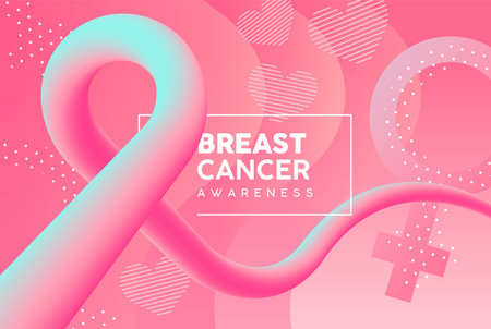 Breast Cancer Awareness month card illustration in modern abstract style with 3d pink ribbon and gradient color background. EPS10 vector.のイラスト素材