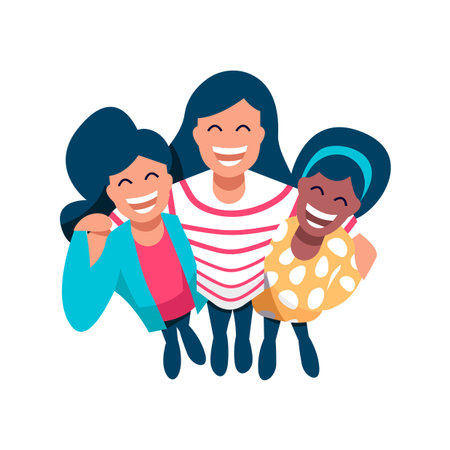 Diverse women friend group of girls hugging together for special event. Girl team hug from top view...