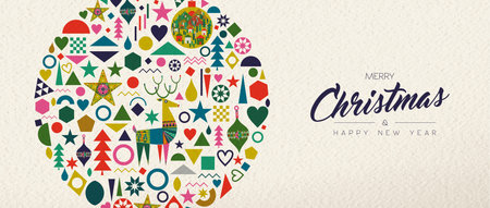 Merry Christmas and Happy New Year banner illustration of vintage geometric shape icons, colorful...
