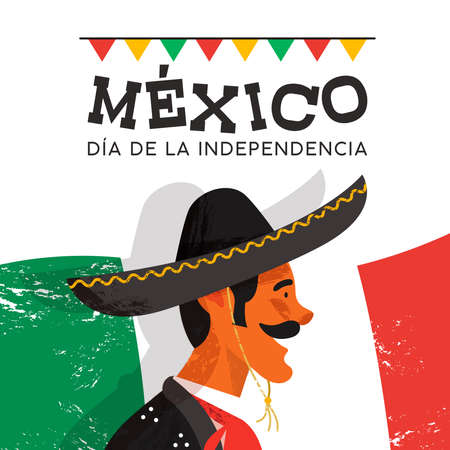Mexico independence day illustration of traditional mariachi character. Hand drawn mexican man with sombrero and spanish language text on country flag background. EPS10 vector.のイラスト素材