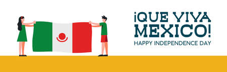 Happy Mexico Independence Day web banner illustration. Traditional national celebration design with boy and girl holding mexican country flag for september holiday. EPS10 vector.のイラスト素材