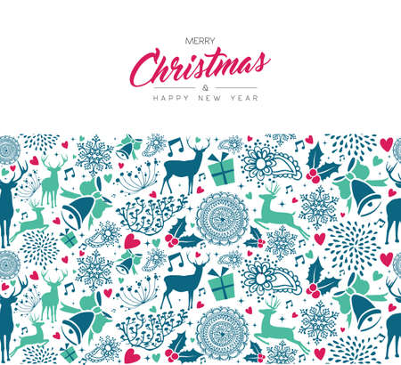 Merry Christmas and Happy New Year vintage card with deer seamless pattern background. Xmas reindeer decoration icons in holiday colors.のイラスト素材