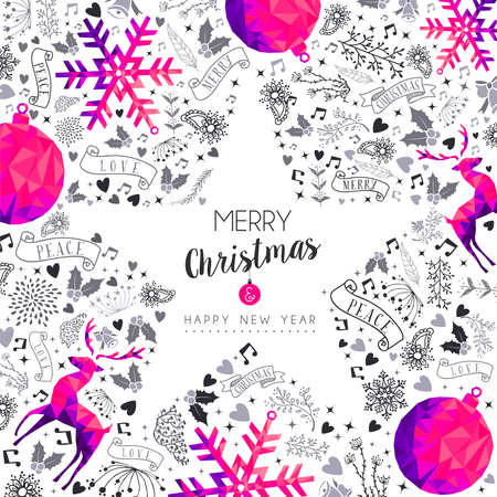 Merry Christmas Happy New Year greeting card star design, pink low poly reindeer and Xmas season decoration with hand drawn holiday nature shapes. EPS10 vector.のイラスト素材