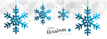 Merry Christmas happy new year elegant illustration in blue low poly style with winter snowflake ornament decoration. Ideal for holiday greeting card, Xmas poster or web.のイラスト素材
