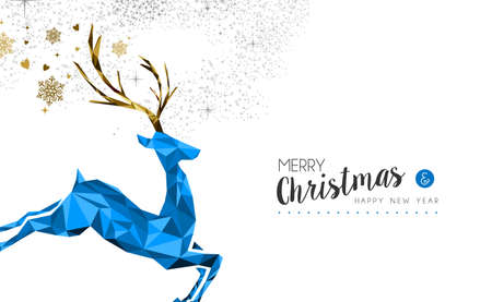 Merry Christmas happy new year elegant label design illustration in blue low poly style with reindeer and glitter snow decoration. Ideal for holiday greeting card, Xmas poster or web. EPS10 vector.のイラスト素材
