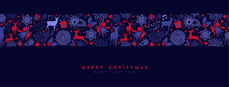 Merry Christmas and Happy New Year vintage banner with deer seamless pattern background. Xmas...