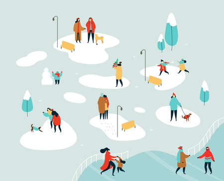People group doing winter activities on snow park landscape - playing with dog, snowball fight, friends talking. Flat style holiday illustration for christmas season.の販売画像