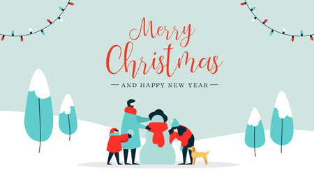 Merry Christmas happy new year winter illustration, family with kid and dog making snowman on snow landscape background. Modern people holiday design for xmas season. Merry Christmas happy new year winter illustration, family with kid and dog making snowman on snow landscape background. Modern people holiday design for xmas season.