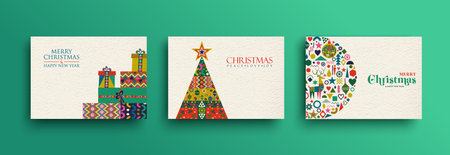Merry Christmas holiday folk art card collection. Template set of scandinavian style gift box pile,xmas tree and traditional geometric shapes in festive colors. EPS10 vector.のイラスト素材