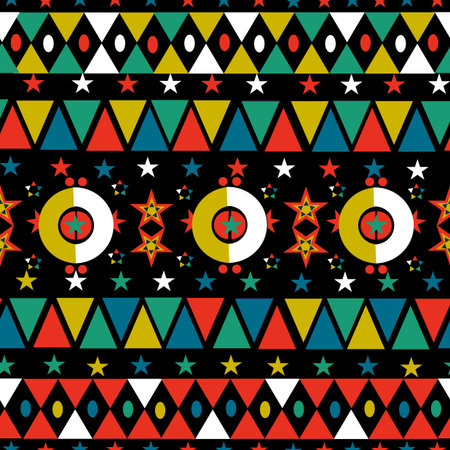 Retro Christmas season seamless pattern in bohemian folk style with colorful geometric shapes and...