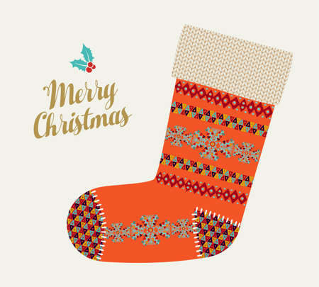 Merry Christmas illustration of vintage red winter stocking sock with boho and tribal traditional geometric shapes. Colorful holiday Scandinavian design EPS10 vector.のイラスト素材