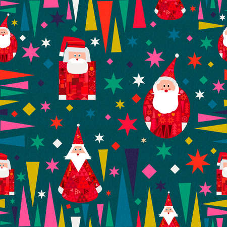 Merry Christmas seamless pattern with colorful geometric santa claus doll and holiday elements. Winter season background in retro multicolor style. EPS10 vector.のイラスト素材