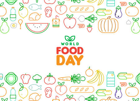 World Food Day greeting card illustration for nutrition and healthy diet with colorful outline style icons. Includes vegetables, fruit, bread, meat.のイラスト素材