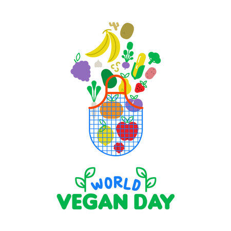 World vegan Day greeting card illustration for special diet and healthy eating. Grocery bag with colorful flat cartoon icons. Includes vegetables, fruit, nuts.のイラスト素材
