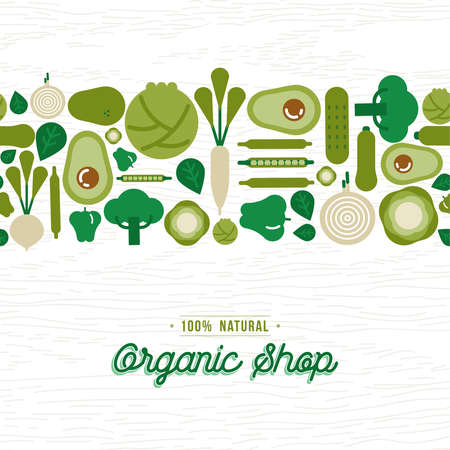 Organic shop concept with green vegetable cartoon icons. Healthy eating or balanced nutrition market. Includes avocado, pepper, onion and broccoli.のイラスト素材