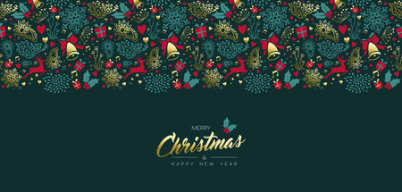 Merry Christmas and Happy New Year greeting card with gold vintage ornament decoration pattern. Xmas season illustration for holiday event. EPS10 vector.のイラスト素材