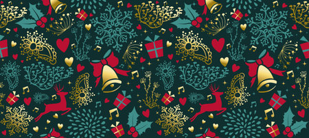Merry Christmas vintage seamless pattern card, gold xmas ornament decoration for holiday season...