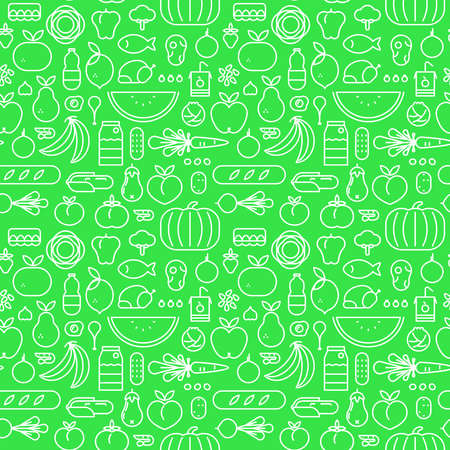 Food icon seamless pattern with green outline symbols. Healthy eating or organic nutrition concept background. Includes fruit, vegetables, meat, bread and dairy.のイラスト素材