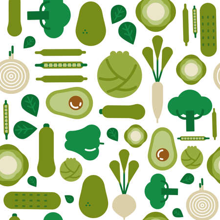 Green vegetable icon seamless pattern with flat cartoon food symbols. Healthy eating or balanced nutrition concept background. Includes avocado, pepper, onion and broccoli.のイラスト素材