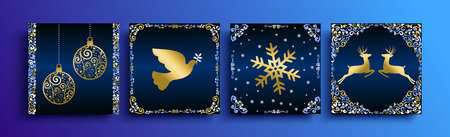 Merry Christmas gold luxury holiday greeting card set. Golden template collection includes xmas stars decoration ornaments, snowflake and reindeer.のイラスト素材