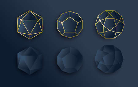 Luxury gold and dark blue paper element set, golden color frame collection in geometric style. Elegant template designs for invitation or premium product.のイラスト素材