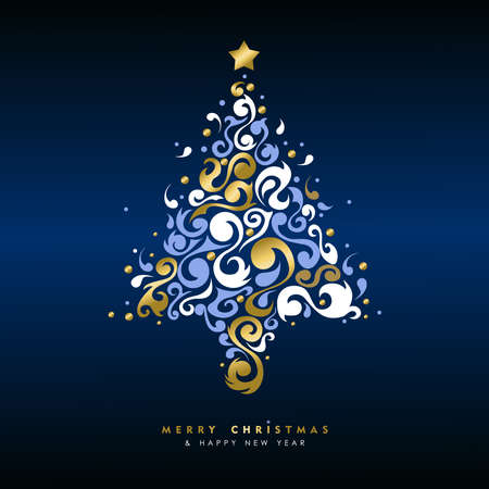 Merry Christmas and new year gold luxury holiday greeting card. Xmas pine tree in retro style made of golden decoration. EPS10 vector.のイラスト素材