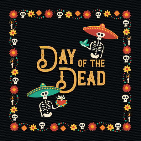 Day of the dead greeting card illustration for traditional mexico culture holiday celebration with sugar skulls and mexican decoration.のイラスト素材