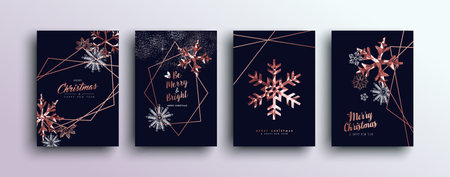 Merry christmas pink copper template set with winter snowflakes and xmas bronze elements in low poly style. Ideal for greeting card, poster or web design.のイラスト素材