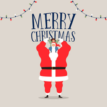 Merry Christmas and Happy New Year greeting card illustration, santa claus playing with kid for holiday season.のイラスト素材