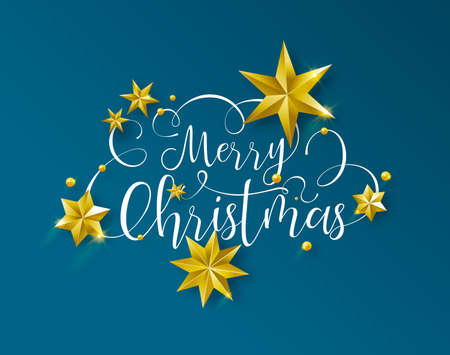 Merry Christmas calligraphic greeting card or party invitation illustration, handwritten typography text quote with festive 3d gold stars. Elegant holiday message on blue background.のイラスト素材