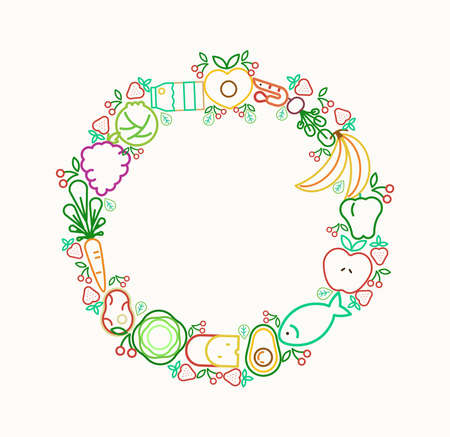 Food icons circle frame template for healthy eating or balanced nutrition concept with copy space on isolated background. Includes fruit, vegetables, meat and dairy.のイラスト素材