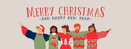 Merry Christmas and Happy New Year web banner illustration of young people friend group hugging together at holiday winter party. Diverse social friends team from different cultures celebrating.のイラスト素材