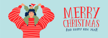 Merry Christmas Happy New Year web banner illustration, mom and son together for family holiday celebration.のイラスト素材