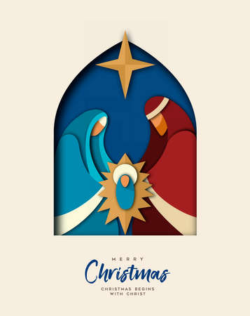 Merry Christmas greeting card, holy family illustration in modern layered paper cut style. Religious holiday design of baby jesus christ.のイラスト素材