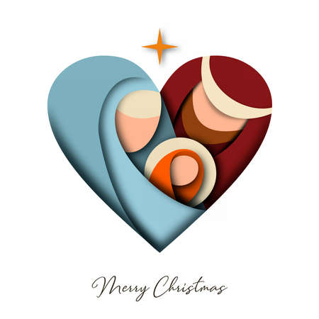 Merry Christmas 3d paper cut greeting card with religious illustration of holy family: mary, joseph and baby jesus christ. Holiday design for festive event.のイラスト素材
