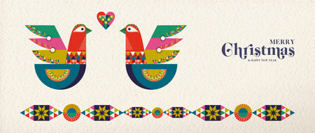 Merry Christmas and Happy New Year folk art web banner bird illustration. Scandinavian style dove...