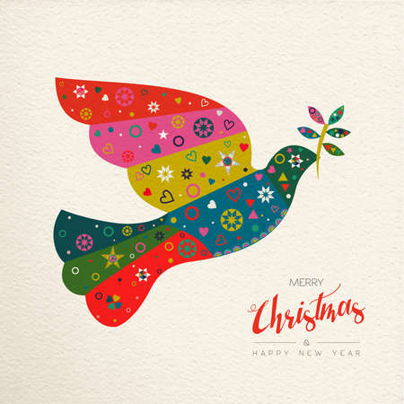 Merry Christmas and Happy New Year folk art greeting card bird illustration. Scandinavian vintage style dove with traditional geometric shapes in festive colors.のイラスト素材