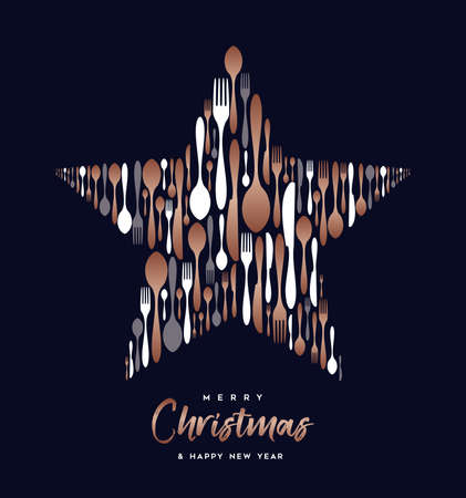 Merry Christmas and Happy New Year greeting card of food cutlery utensils making star shape. Restaurant celebration event concept.のイラスト素材