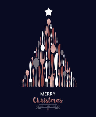 Merry Christmas and Happy New Year greeting card of food cutlery utensils making pine tree shape. Restaurant celebration event concept.のイラスト素材