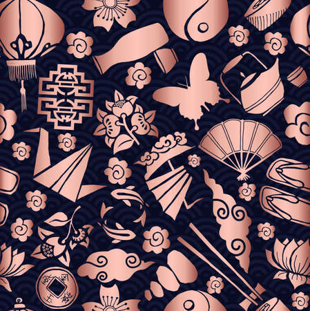 Chinese New Year seamless pattern, concept background with traditional asian culture icons in copper color.のイラスト素材