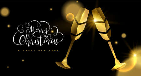 Merry Christmas Happy New Year luxury greeting card illustration, realistic 3d solid gold champagne toast on black background with festive typography quote and blur lights.のイラスト素材