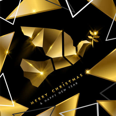 Merry Christmas and Happy New Year luxury golden greeting card illustration, peace dove ornament made of solid gold in 3d art deco style.のイラスト素材