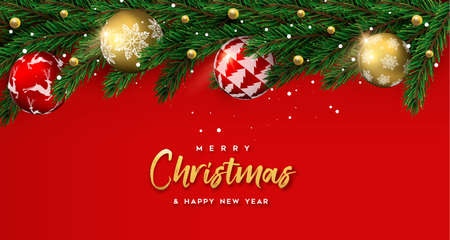 Merry Christmas Happy New Year card. Realistic pine tree wreath garland with gold and red xmas ornament balls for luxury holiday invitation or seasons greeting.のイラスト素材