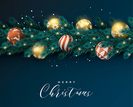 Merry Christmas Happy New Year blue card. Realistic pine tree wreath garland with gold xmas ornament balls for luxury holiday invitation or seasons greeting.のイラスト素材