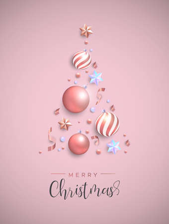 Merry Christmas card. Pink xmas bauble ornaments, iridescent stars and confetti making pine tree shape. Luxury holiday layout for invitation or seasons greeting.のイラスト素材